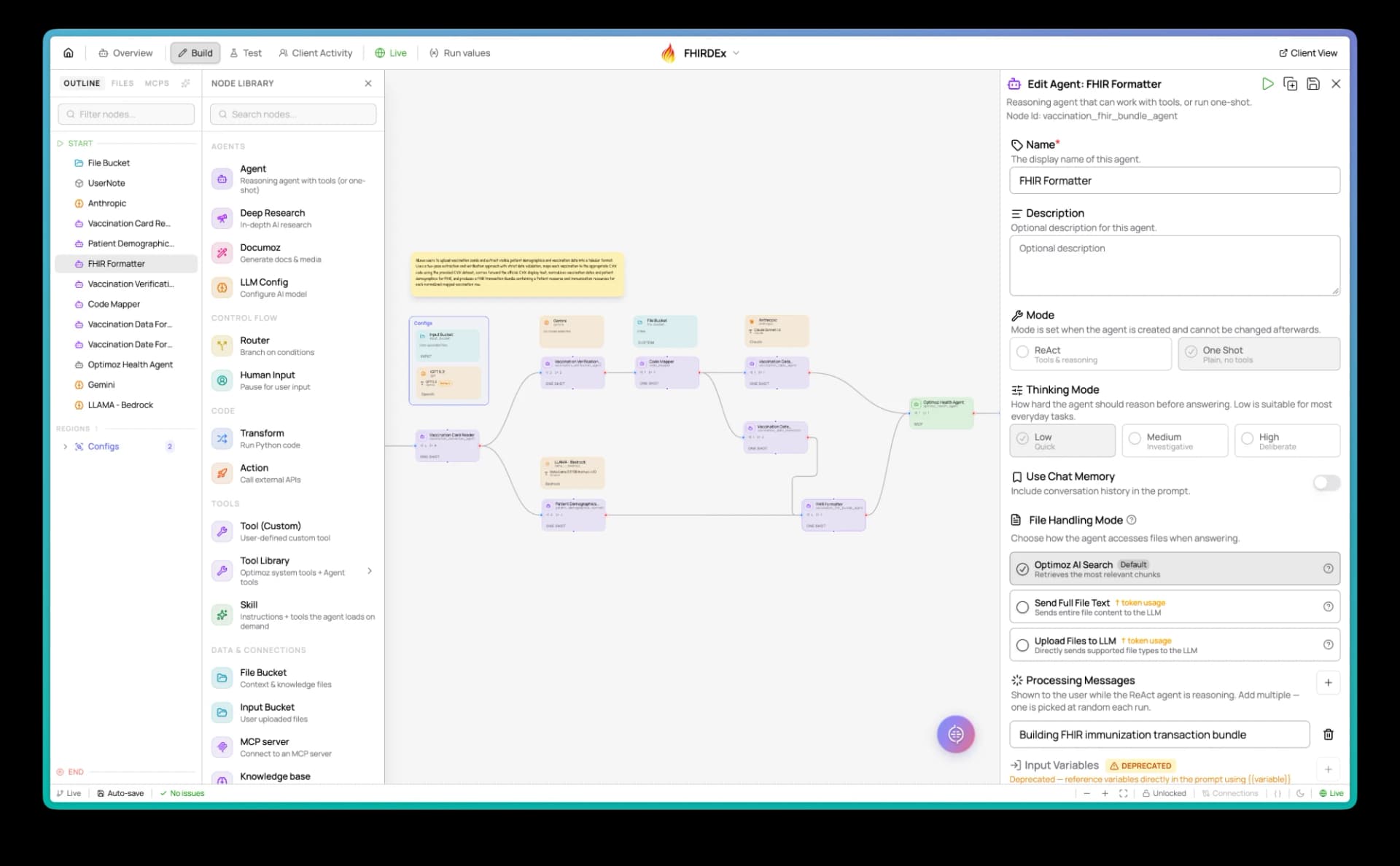 Optimoz agent builder: a node library, a canvas of connected agents and the settings panel for the selected agent